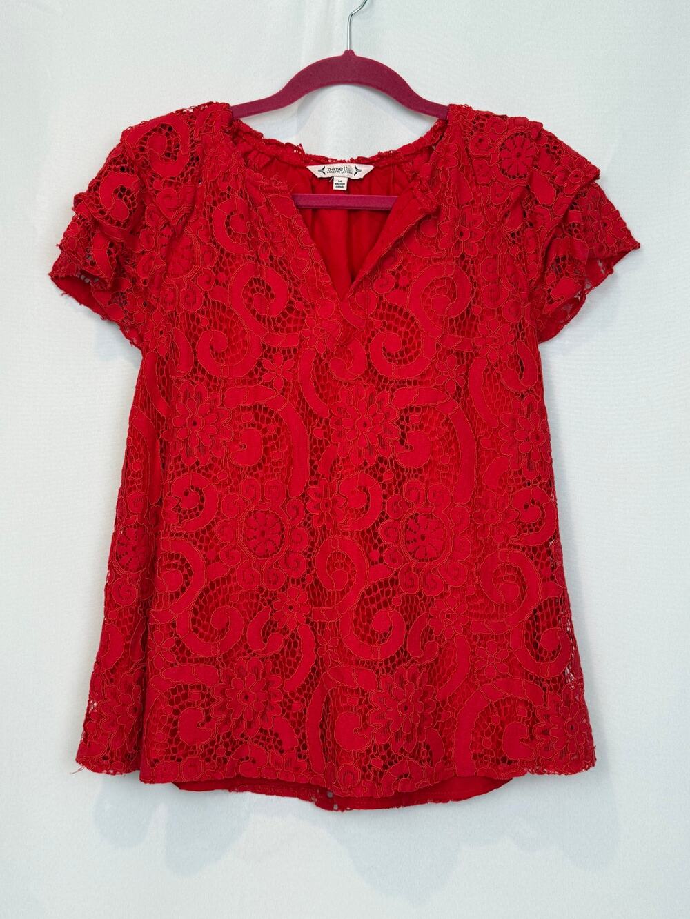 Nanette Lepore Red Lace Flutter Sleeve Top V-Neck Lined Size M